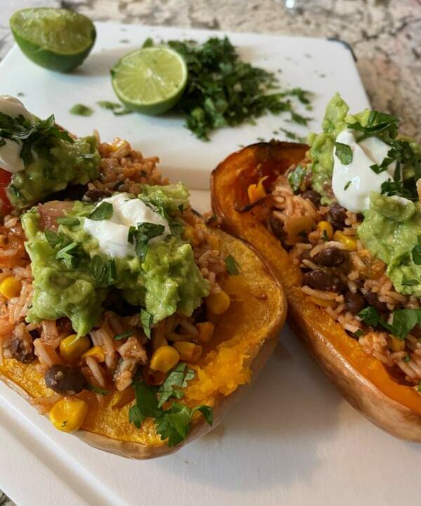 Out of Our Comfort Zone with Vegetarian Mexican Stuffed Butternut Squash